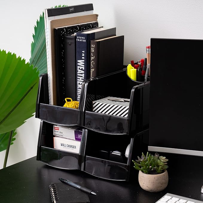 IRIS USA 8-Pack, Medium Stackable Storage Bins, Black | Organize small parts, hardware, craft supplies, pantry items, and household essentials with open-front access, stackable bins