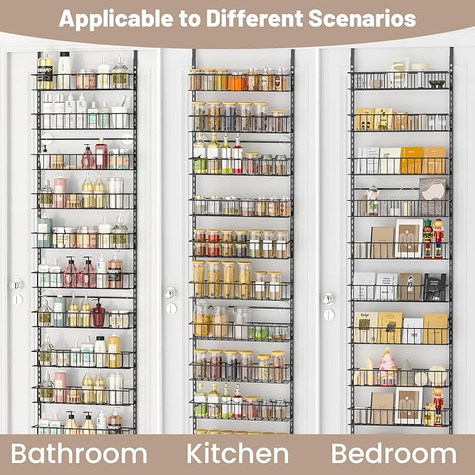 ElegantArray 10-Tier Pantry Door Organizer, Black | Over The Door Rack, Hanging Spice Rack Shelves, Kitchen & Bathroom Storage, Home Office & Laundry Room