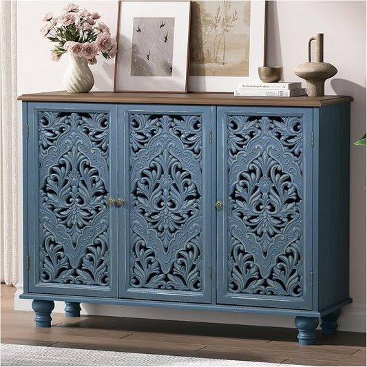 JOINICE 42.5" Accent Storage Cabinet with 3 Carved Doors,Blue & Walnut | Versatile Storage for Living Room & Dining Room & Bedroom & TV Stand, Solid Wood Legs, Farmhouse/Rustic Style, Easy Assembly