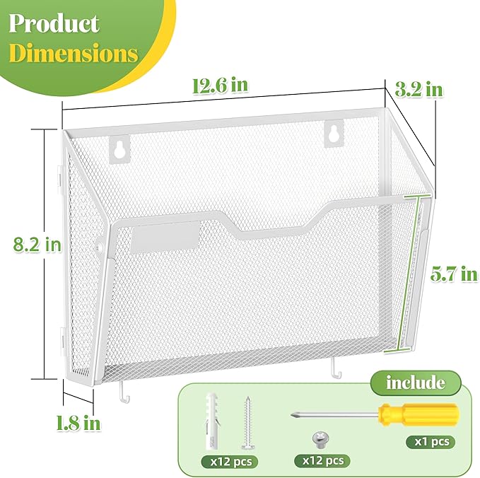 YINGHUA 6 Pack Wall Mounted Mesh File Folder Organizer with Hooks, White | 12.6" durable metal hanging baskets. Perfect vertical storage for mail, magazines and papers in office, home or school.