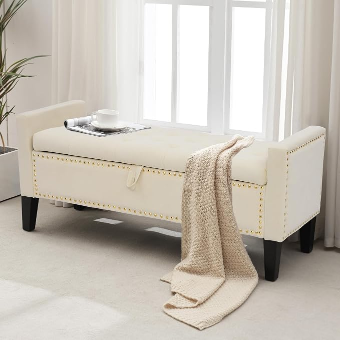 Velvet Ottoman with Storage, 46'' Upholstered Button Tufted End of Bed Bench with Arms, Modern Storage Bench for Living Room, Bedroom, Entryway, Beige