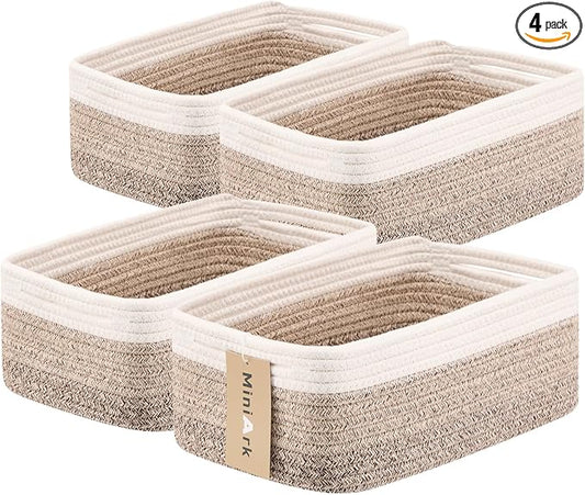 MiniArk Small Storage Baskets for Organizing | Closet Organizer Bins | Shelf Toy Basket | Woven Rope Baskets | Cube Decorative Box | Shallow Basket | 13x8.5x5.1” | 4 Packs Gradient Brown