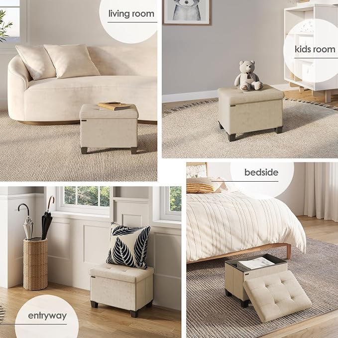 Storage Ottoman Cube with Small Bin, 16-in Square Ottoman with Storage for Living Room and Bedroom, Small Ottomans Foot Rest, Velvet Foot Stools Ottomans Max 330lbs, Beige