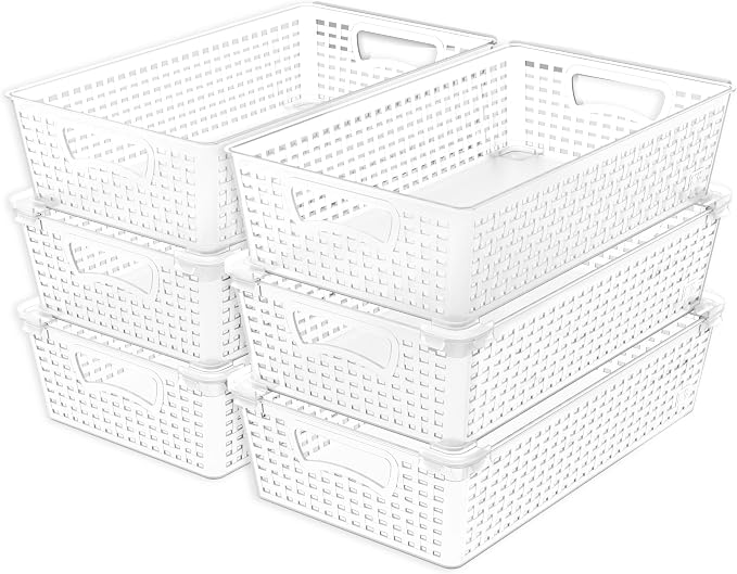 Simple Houseware Stackable Plastic Woven Basket Organizer, 6 Pack, Clear | 14.5" D x 8.5" W x 3.5" H