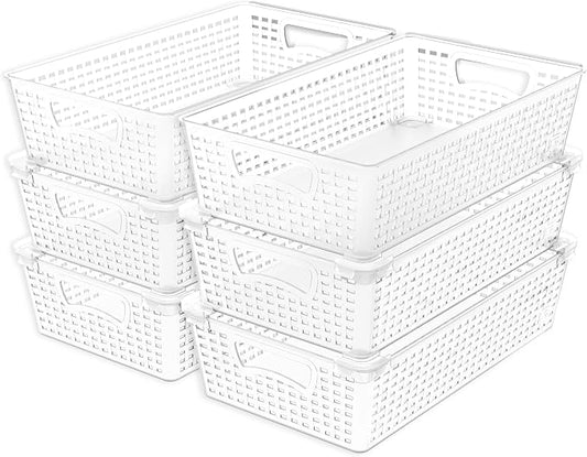 Simple Houseware Stackable Plastic Woven Basket Organizer, 6 Pack, Clear | 14.5" D x 8.5" W x 3.5" H