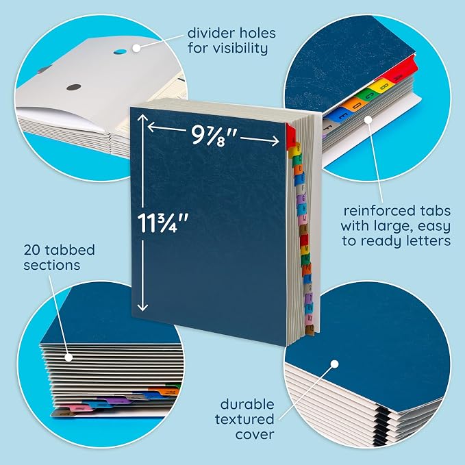 Blue Summit Supplies A-Z Desk File Sorter, Letter, 20 Dividers, Blue | Expanding alphabetical sorter, 20 A-Z dividers, for mail, files, invoices, and desktop organization