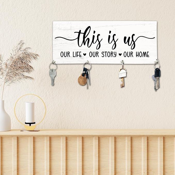 This is Us Wooden Key Holder for Wall - 5"x10" Key Organizer Hanger with 4 Hooks for Home Front Door Hallway Entryway Kitchen - Home Office Decor & Housewarming Gifts Supplies - A05