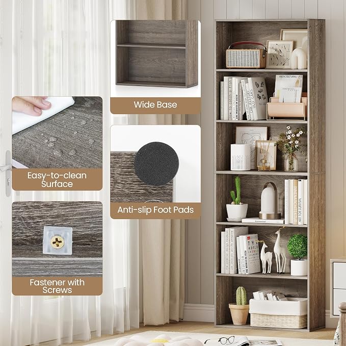 Giantex 6-Tier Bookcase, 70" Tall Wooden Bookshelf, Freestanding Storage Organizer w/Open Shelves, Anti-Tipping Kits, Modern Floor Standing Display Shelves for Living Room, Bedroom,Grey