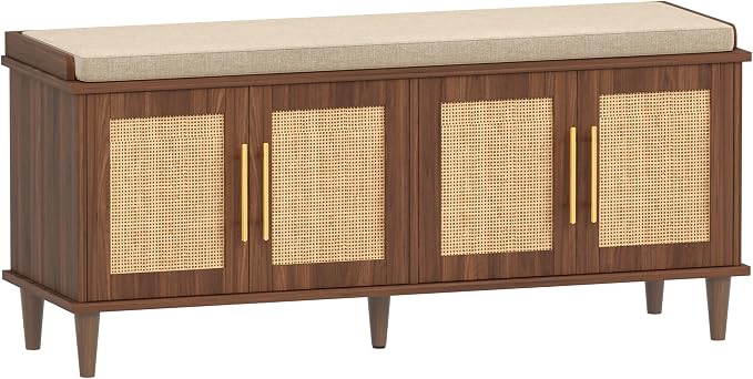 Akxomel 47.2" Rattan Shoe Storage Bench 4 Doors Entryway Bench Walnut | 2 Tier Shoe Bench with Padded Cushion, Adjustable Shelves and 4 Doors, Solid Wood Legs, for Hallway, Living Room, Bedroom