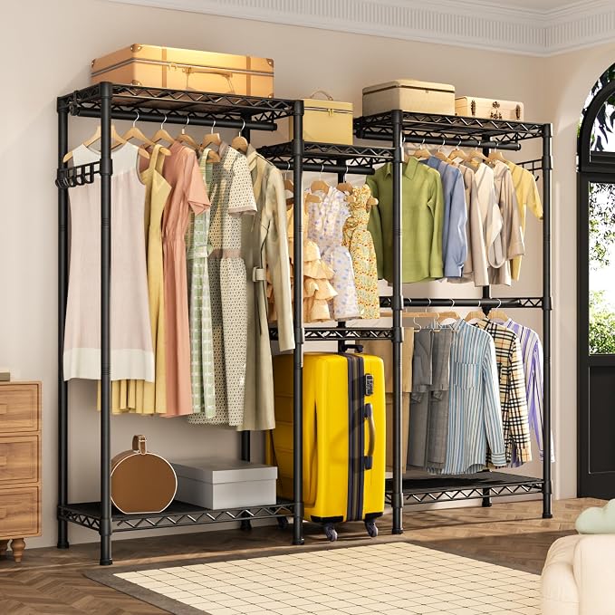 Golpart Heavy Duty Clothes Rack Metal Wardrobe with Adjustable Wire Shelves | Closet Organizers and Storage Clothing Rack Metal System Freestanding Hanging Clothes System Free Standing Garment Coat Racks