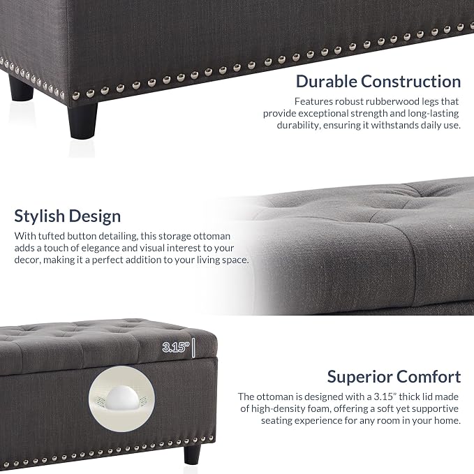 BELLEZE Storage Ottoman, Tufted Ottoman with Close Hinge, Foot Rest for Living Room (Dark Gray, 47 inch)