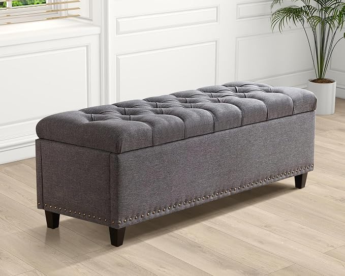 Grepatio 51" Ottoman Storage Benches, 30 Gallons End of Bed Storage Bench, Large Rectangular Ottoman, Button-Tufted Ottoman with Storage for Living Room Bedroom, Foot of Bed (Gray)