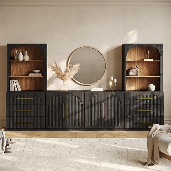 BELLEZE 6-Piece Modular TV Stand Set - 2 Sideboards with Drawers, 2 Double-Arc Wood Door Sideboards, and 2 Hutch Cabinets, Classic Modern Media Console with Adjustable Shelves for Living Room (Ebony)
