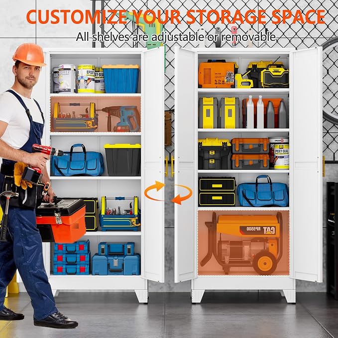 GAIOUS 71''Tall Metal Garage Storage Cabinet,File Cabinet with Door and Adjustable Shelves, Outdoor Steel Tool Cabinet for Home,Office,Warehouse,Garage,White