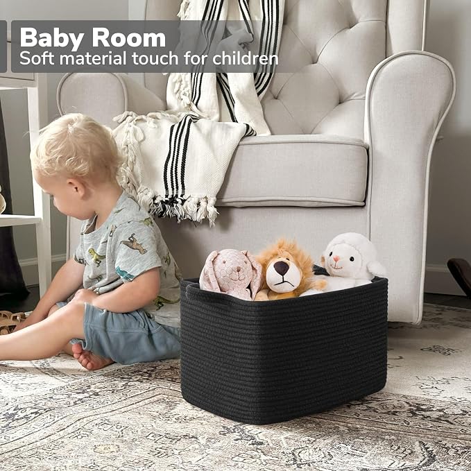 Goodpick Cotton Rope Storage Basket for Shelves, 13" x 10" x 9", Black | Gift Basket for Books, Toys & Towels Storage, Living Room & Bedroom Organization, Built-In Handles, Stylish Home Decor