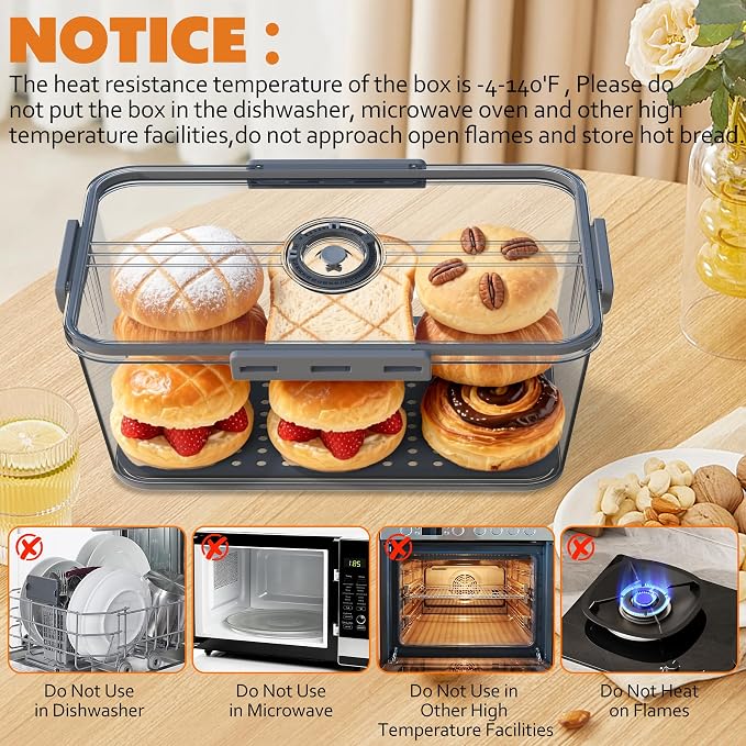 Honbuty 2PCS Bread Boxes,Bread Box for Kitchen Counter Airtight,Time Recording Bread Storage Container with Lid, Bread Keeper for Homemade Bread, Toast, Bagel, Donut and Cookies (Grey)