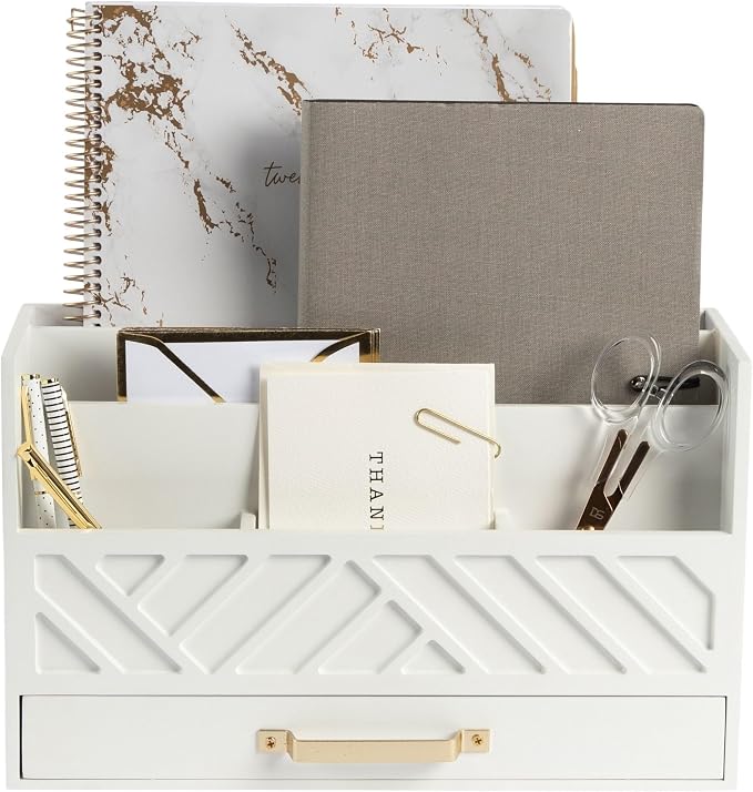 BLU MONACO | White Wooden Desk Organizer & Mail Organizer with Drawer & Gold Handle | Mail Sorter Countertop | 6 Compartments | White Desktop Organizer for Desk