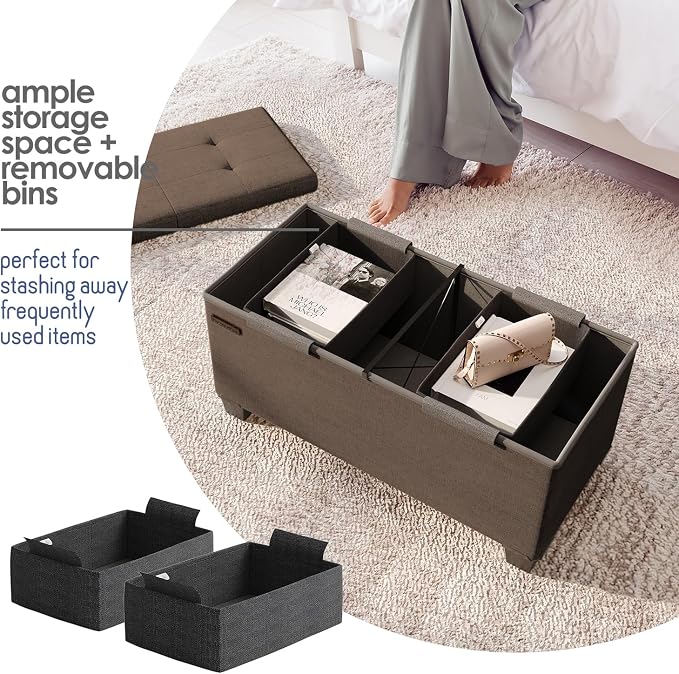 Storage Ottoman Bench with Bins, 30-in Storage Bench for Bedroom End of Bed, Folding Foot Rest Ottoman for Living Room Max 660lbs, Fabric Ottomans, Brown