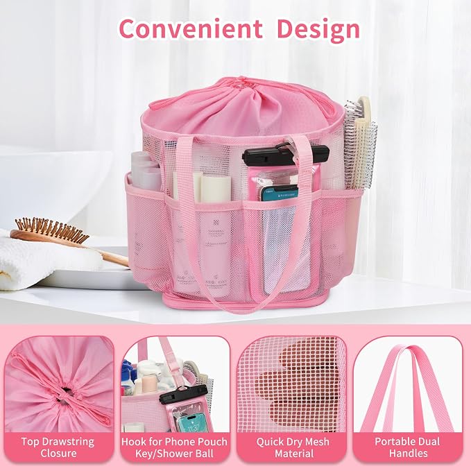 Mesh Shower Caddy Portable for College Dorm Room Essentials, Hanging Shower Caddy with Waterproof Phone Pouch, Large Capacity Shower Bag Basket Tote for Bathroom, Gym, Camping, Swimming, Beach, Pink