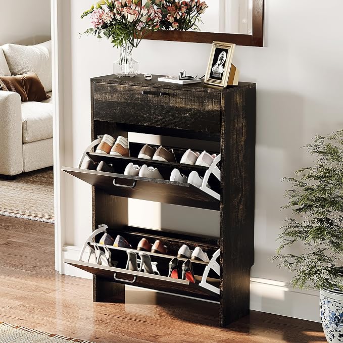 VINGLI Set of 2 Shoe Cabinets Storage for Entryway,2-Pack,Dark Rustic Oak | 16–24 Pairs,Skirting Board Cutout,Drop-Down Drawer,9.4"D Slim,Farmhouse,2 Flip Drawers,Adjustable & Removable Shelf