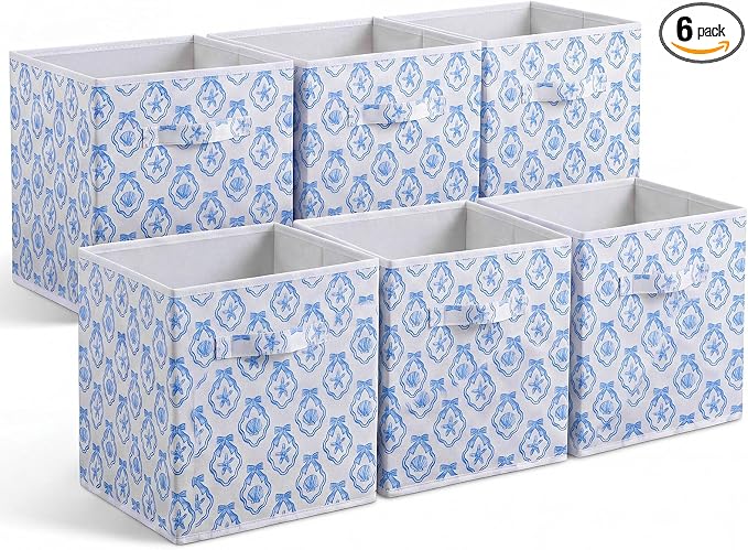 6 Pcs Blue Bow Seashell Storage Bins 11 Inch Summer Beach Storage Basket with Handle, Coastal Organizer Basket, Ocean Collapsible Fabric Box for Classroom Bedrooms Office Home Decoration Gift