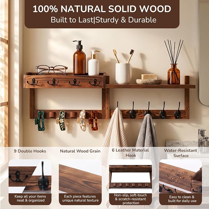 Wooden Key Holder Wall Mount with Shelf, Wall Key Rack and Mail Holder with 9 Key Hooks and 6 Sunglasses Holders, Farmhouse Key Hanger for Entryway Living Room Bedroom, Rustic Brown