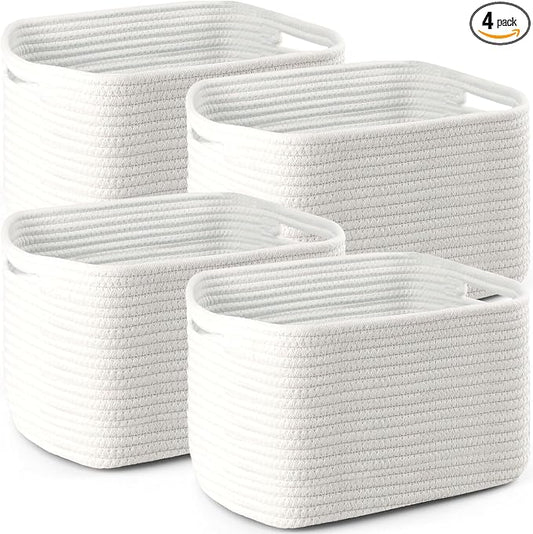 4 Pack Storage Baskets for Organizing, 11''Lx9''Wx8''H Woven Baskets for Storage Toys, Towels, Books, and Clothes, Cotton Rope Basket for Shelves with Handle