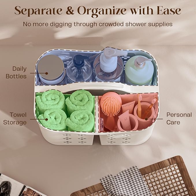 Portable Shower Caddy with Handle, Large Capacity Shower Basket Organizer, Quick-Drain Bathroom Storage Tote, Durable Plastic Shower Organizer for College Dorm, Beach, Gym, Travel Essentials, White