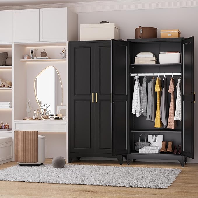 Polup 71" Metal Armoire Wardrobe Closet with Doors and Adjustable Shelves | Freestanding Tall Clothing Storage Cabinet, Heavy Duty, Hanging Rod, Magnetic Closure, for Bedroom, Office, Garage, Black