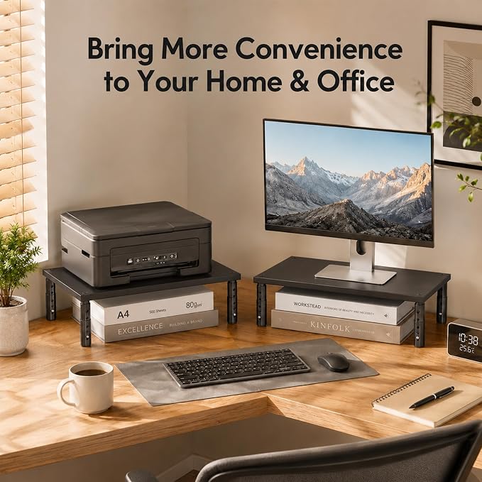 Desk Organizers and Accessories, Adjustable Computer Monitor Stand Riser, Laptop Stand for Desk, Office Desk Accessories & Workspace Organizers for Home Office, Black Wood