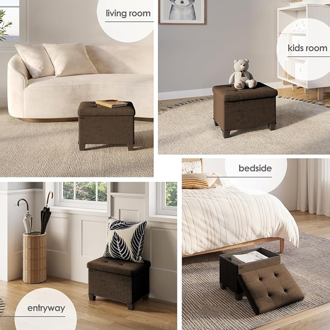 Storage Ottoman Cube with Small Bin, 16-in Square Ottoman with Storage for Living Room and Bedroom, Small Ottomans Foot Rest, Velvet Foot Stools Ottomans Max 330lbs, Brown