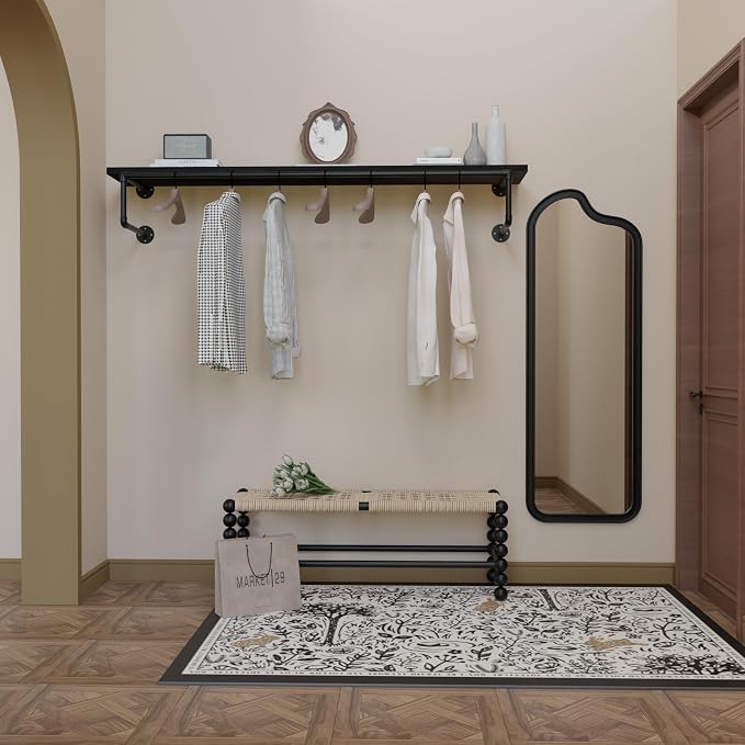 Clothes Rack 60in, Wall Mounted Garment Racks with Black Solid Wood Shelf, Heavy Duty Hanging Clothes Rack, Multi-Purpose Hanging Rod, Space-Saving Closet Storage