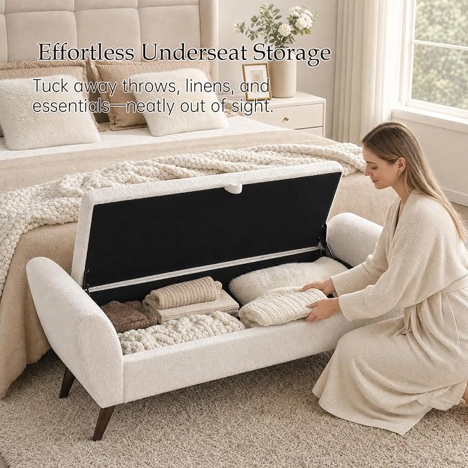 60" Storage Ottoman Bench, End of Bed Bench King Size Beige | Solid Wood Legs, Large Hidden Storage, High-Resilience Foam, Teddy Fabric
