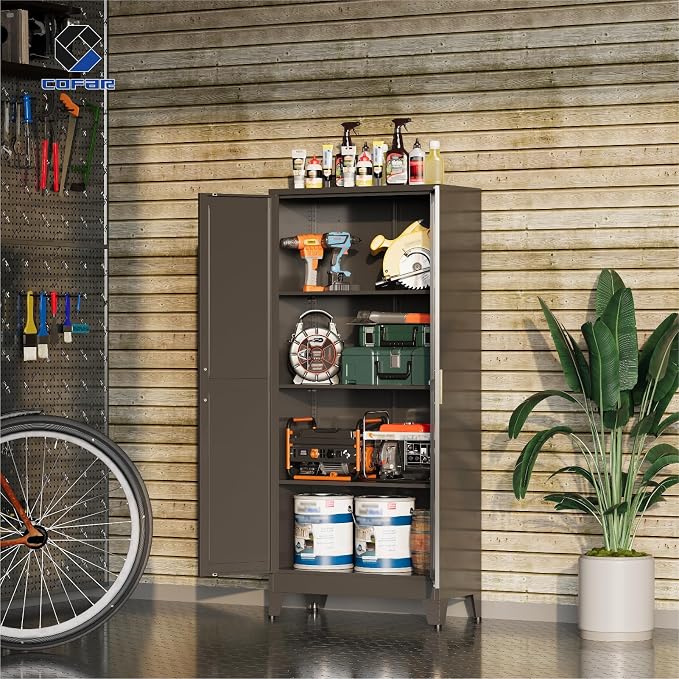 COFaR Metal Pantry Cabinet with Doors, Farmhouse 61'' Tall Storage Cabinet with 3 Adjustable Shelves, Kitchen Pantry Cabinet for Dinning Room, Garage, Laundry, Bathroom, Black 4-Tier