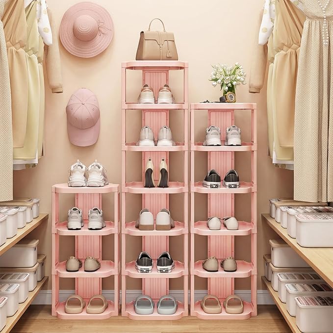 Kitstorack 8-Tier Vertical Plastic Shoe Rack, Freestanding Stackable Shoe Storage Organizer Cubes Shoe Shelf Tower or Small Closets and Tight Spaces, Pink