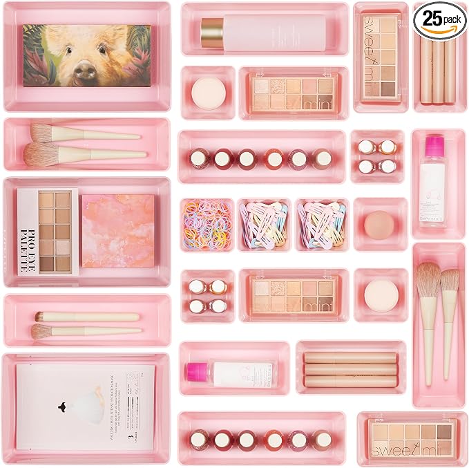 Vtopmart 25 PCS Plastic Drawer Organizers Set, 4-Size Versatile Bathroom and Vanity Drawer Organizer Trays, Storage Bins for Makeup, Bedroom, Kitchen Gadgets Utensils and Office | 4-Size Versatile Makeup Organizer, Storage Containers Small Bins for Mak...