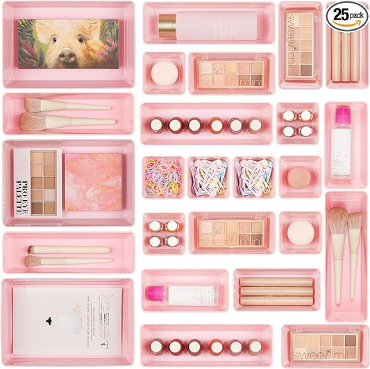 Vtopmart 25 PCS Plastic Drawer Organizers Set, 4-Size Versatile Bathroom and Vanity Drawer Organizer Trays, Storage Bins for Makeup, Bedroom, Kitchen Gadgets Utensils and Office | 4-Size Versatile Makeup Organizer, Storage Containers Small Bins for Mak...