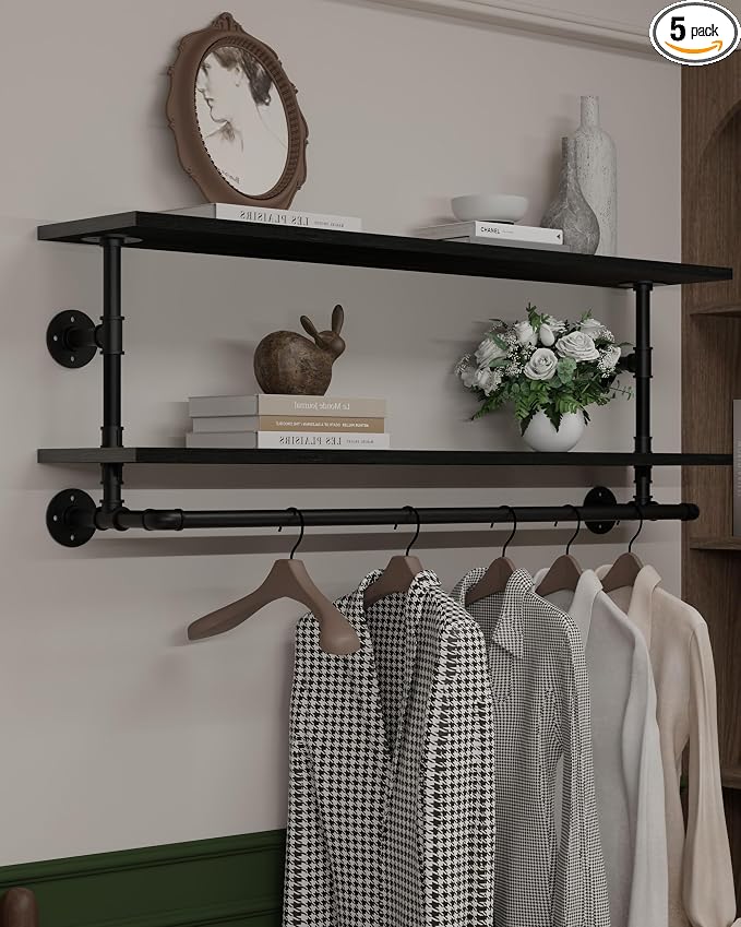 Black Clothes Rack 48in, 2-Tier Wall Mounted Garment Rack with Real Wood Shelf, Heavy Duty Hanging Clothes Rack, Multi-Purpose Hanging Rod, Space-Saving Closet Storage