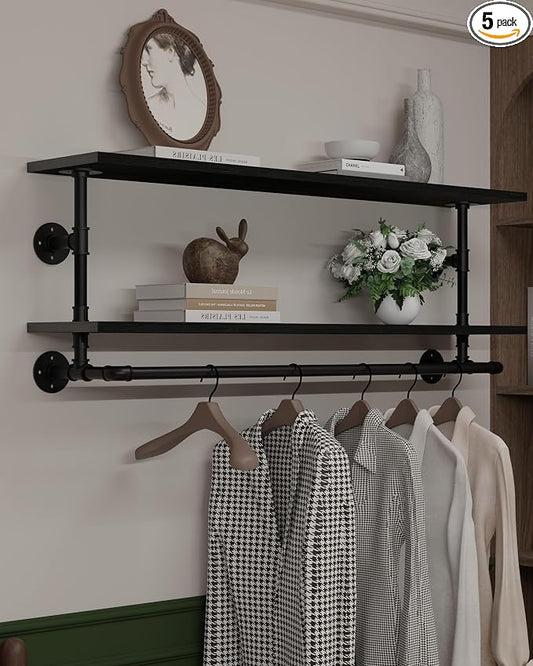 Black Clothes Rack 48in, 2-Tier Wall Mounted Garment Rack with Real Wood Shelf, Heavy Duty Hanging Clothes Rack, Multi-Purpose Hanging Rod, Space-Saving Closet Storage