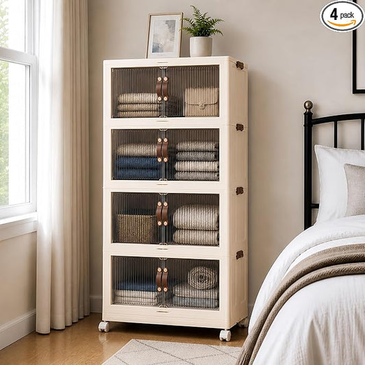 SAILUN 116Gal/464Qt Stackable Storage Bins Folding Collapsible Storage Bins with a Lid, Closet Organizers and Storage,Blush White 26" W x 17" D x 56.7" H