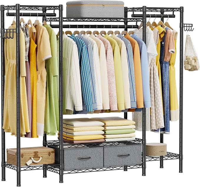 Golpart Heavy Duty Clothing Rack with Adjustable Shelves Clothes Wardrobe | Coat Rack Metal Closet Organizer and Storage Garment Rack for Hanging Clothes Wire Portable Cloth System Free Standing Black