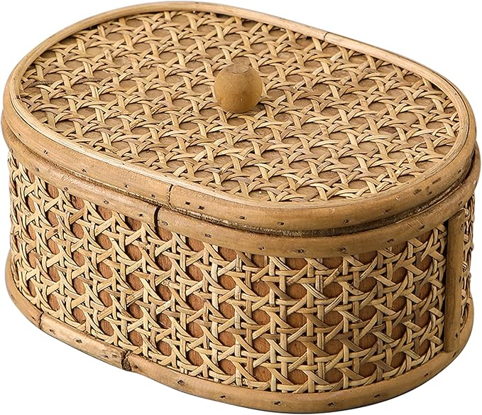 SOFE Rattan Decorative Box with Lid, Small Oval Box for Storage, Hand-Woven Display Boxes for Organizing Jewelry, Candies, Snacks, Keys, Farmhouse & Boho & Modern Home Decor, Dresser Decor