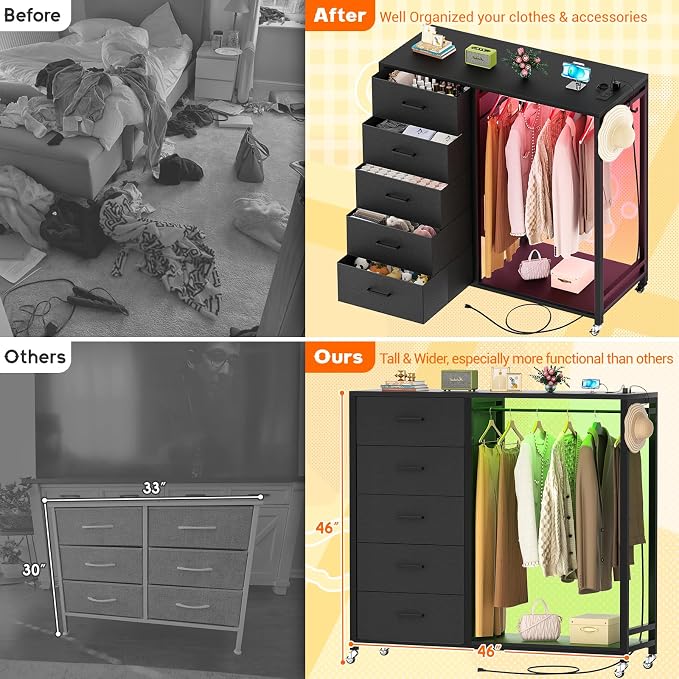 Cyclysio Storage Clothes Rack with 5 Drawers, Garment Rack with Charging Station & LED Lights, Fabric Chest Shelves Clothing Rack, Wooden Portable Wardrobe Closet