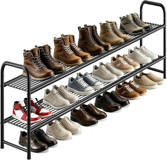 AOODA Long 2 Tier Shoe Rack for Closet Metal Wide Stackable Shoe Storage Organizer for Entryway, Bedroom, Floor, 18-Pairs Low Shoe Shelf, Black