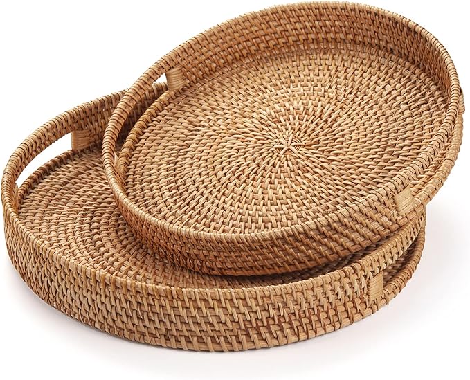 Round Rattan Serving Tray Decorative Woven Ottoman Trays with Handles for Coffee Table Natural (Small 11.8 inch x 2 inch)