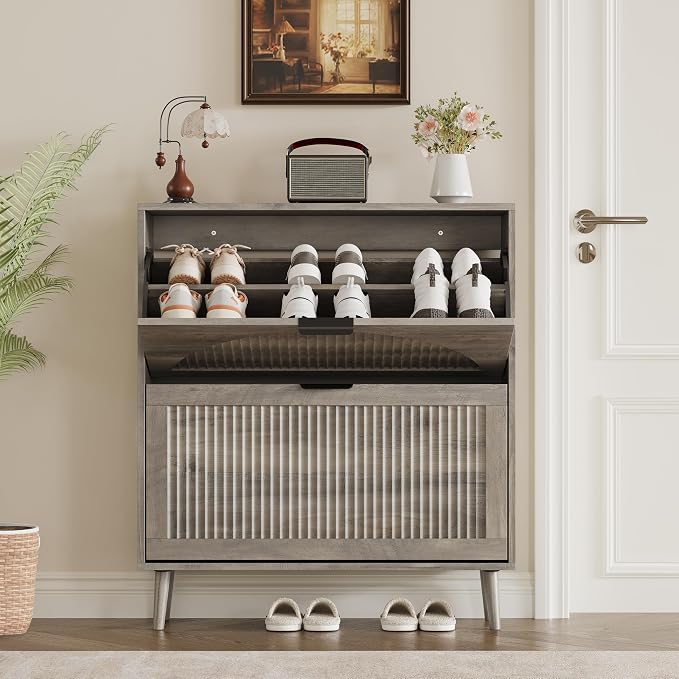 BORNOON Shoe Cabinet for Entryway with 2 Flip Drawers, Slim Wooden Shoe Storage Organizer with Modern Fluted Pannel，Freestanding Narrow Hidden Shoe Rack for Hallway, Foyer, Living Room
