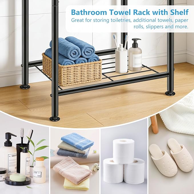Standing Towel Rack, 3 Tier Towel Racks for Bathroom with Storage Shelf, Freestanding Metal Pool Blanket Holder Floor Towel Drying Rack Outdoor, Black