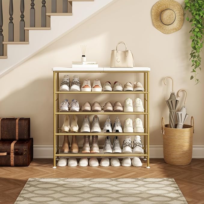 SUOERNUO 5 Tier Shoe Rack Organizer for Closet Shoe Storage for Entryway | Free Standing with MDF Top Board,Sturdy Metal Frame,Ideal for Living Room,Hallway Gold