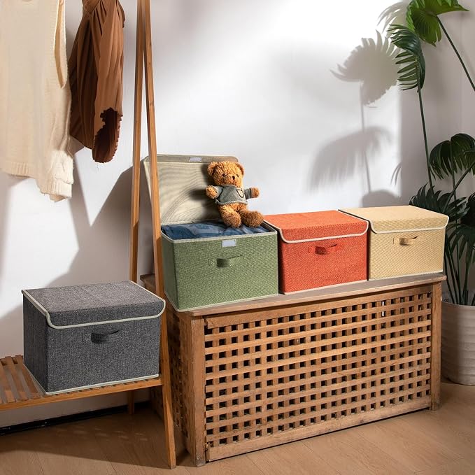 Storage Bins with Lid, Foldable Clothing Storage Box case with Handle for Books, Closet, Bedroom, Home, 4 Color Set A, 15L x 10W x 10H inch