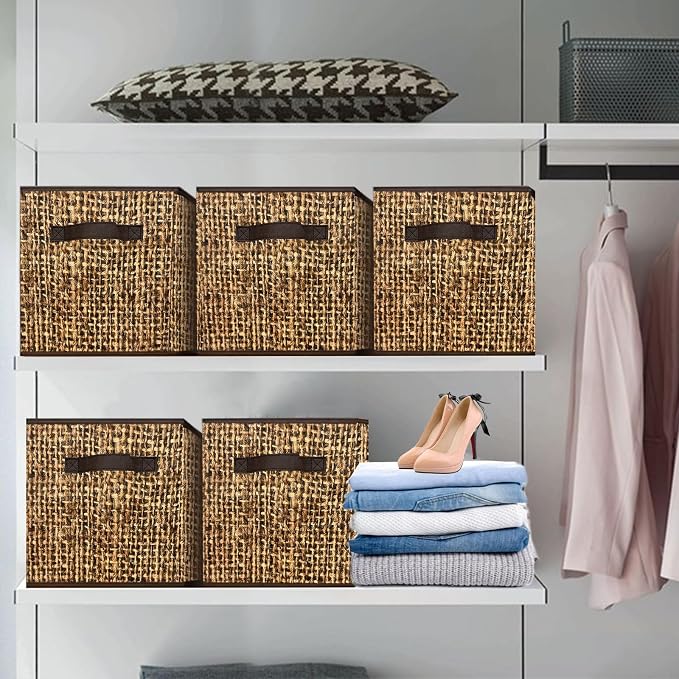 12x12 Cube Storage Bins - Fabric Cubby Bins with Dual Handles, Collapsible Storage Organizer for Shelf, Closet, Nursery, Set of 6 （PRINTING instead of Rattan Weaving）